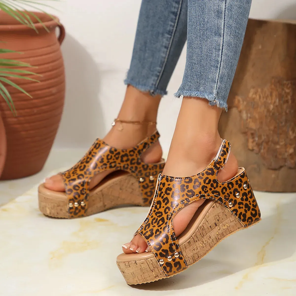 Leopard Peep Toe Wedge Sandals