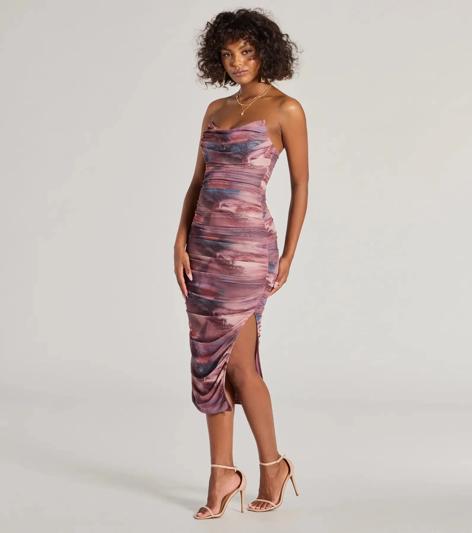 Luminous Allure Strapless Corset Abstract Midi Dress