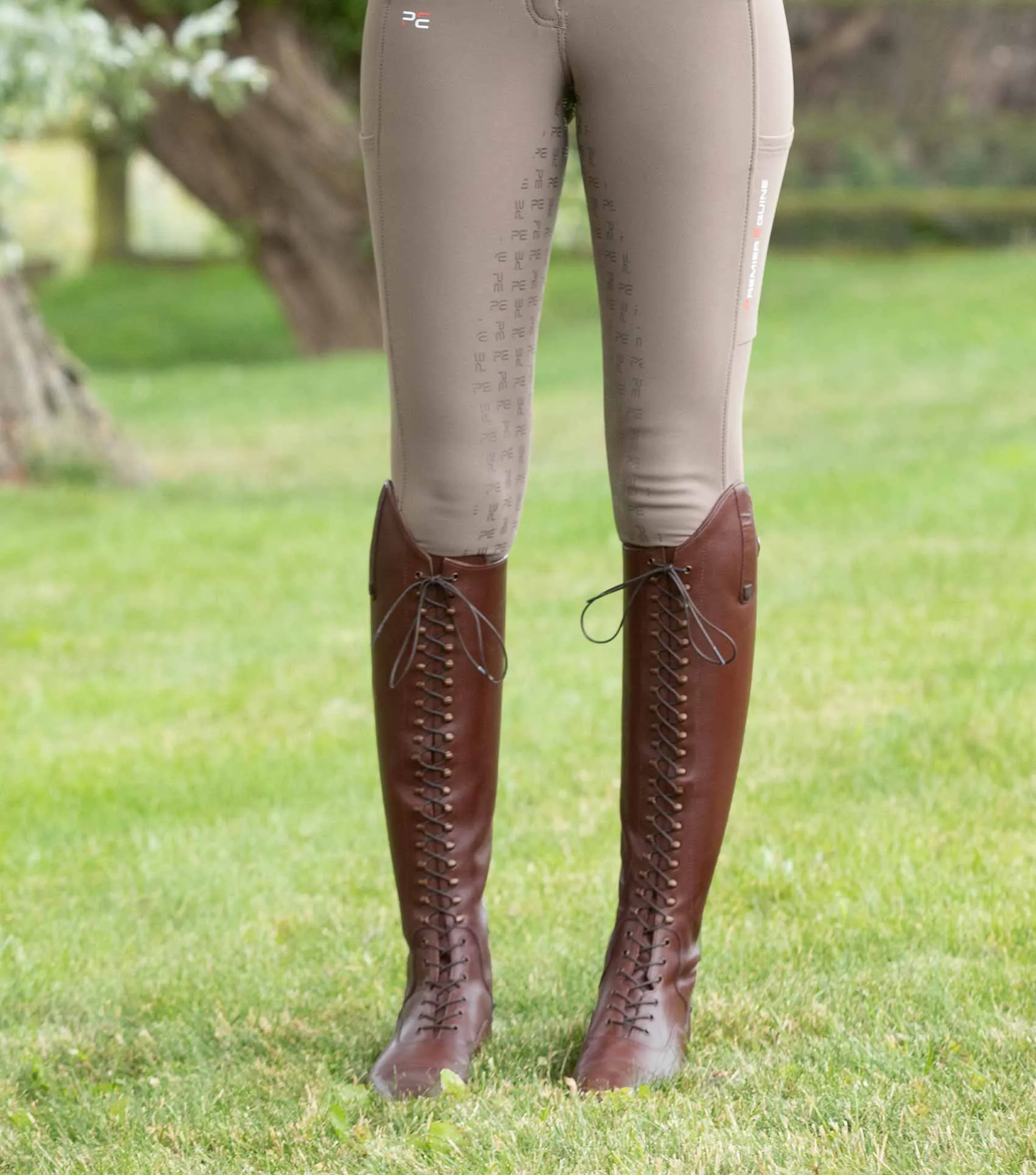 Maurizia Ladies Lace Front Tall Leather Riding Boots Brown (Wide Calf)