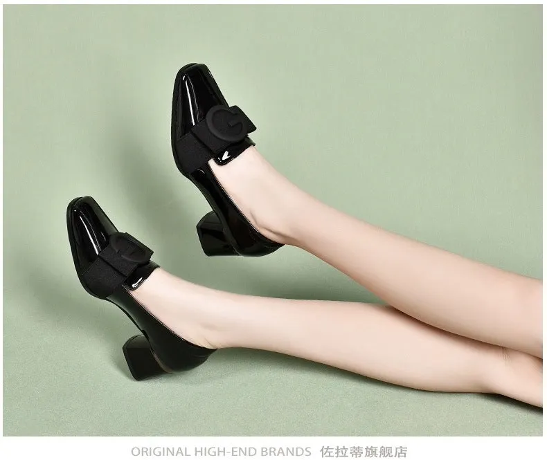 Middle Heel Chunky Heel Soft Leather British Style Square Toe Leather Shoes