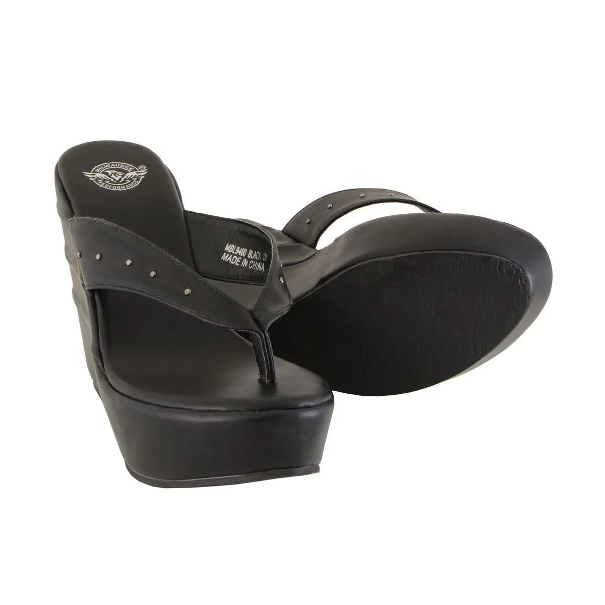 Milwaukee Leather MBL9460 Women's Black Wedge Sandals with Studded Straps