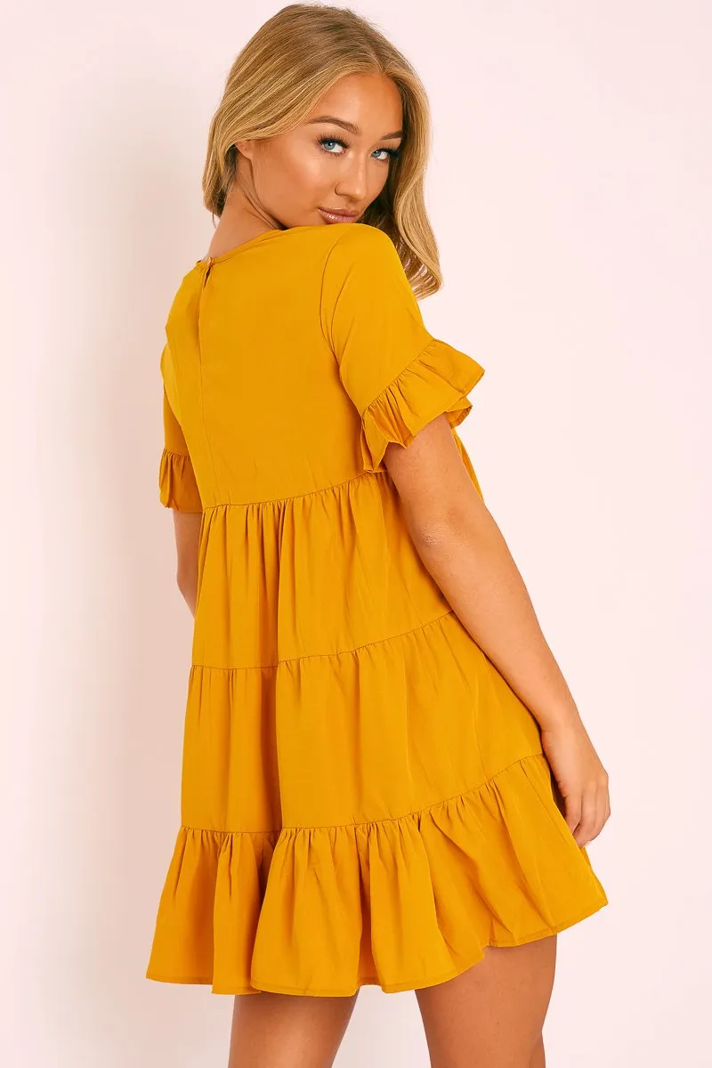 Mustard Smock Tiered Frill Sleeve Mini Dress - Olah