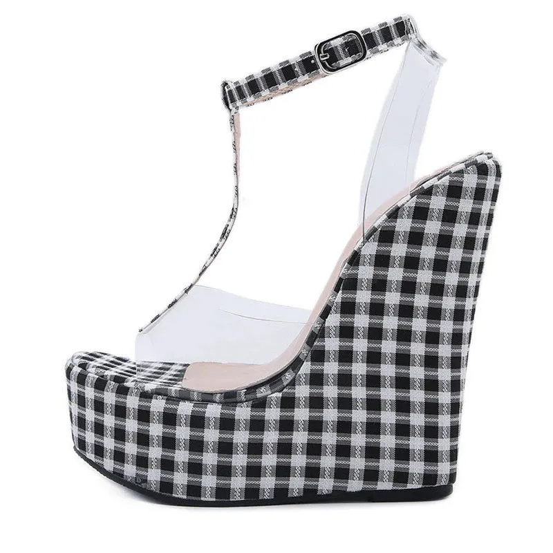 New Summer PVC Transparent Platform Wedges Gingham Sandals Women Fashion High Heels