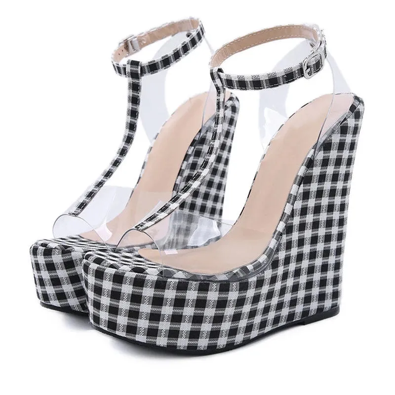 New Summer PVC Transparent Platform Wedges Gingham Sandals Women Fashion High Heels