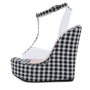 New Summer PVC Transparent Platform Wedges Gingham Sandals Women Fashion High Heels