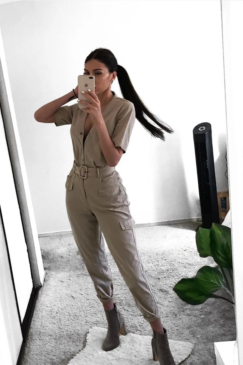Nude Woven Button Front Belted Jumpsuit - Suzanna