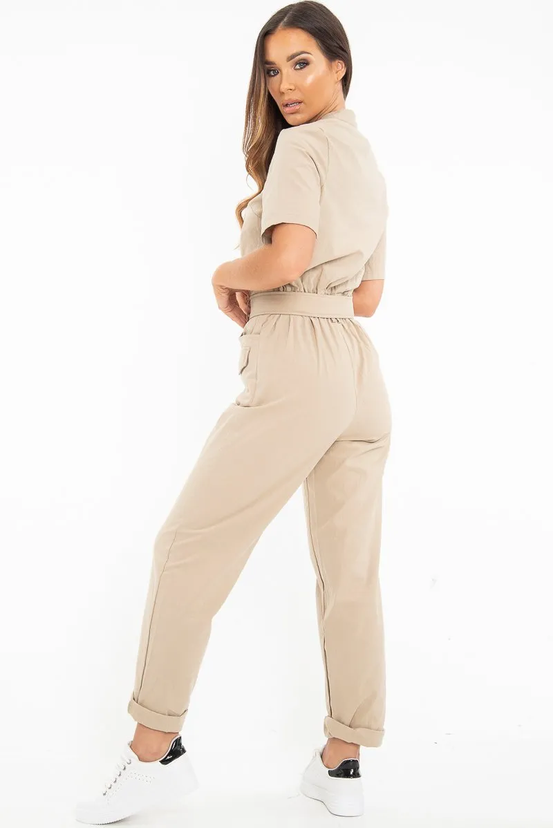 Nude Woven Button Front Belted Jumpsuit - Suzanna
