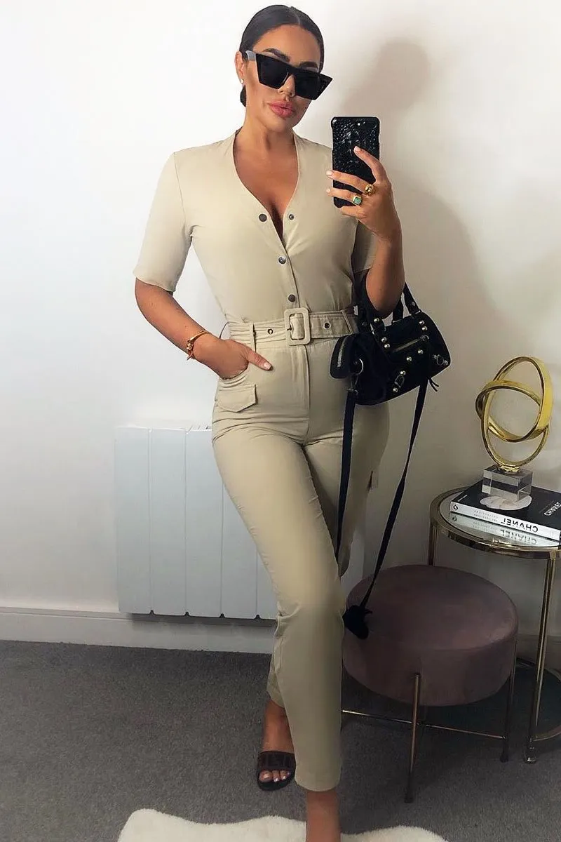Nude Woven Button Front Belted Jumpsuit - Suzanna