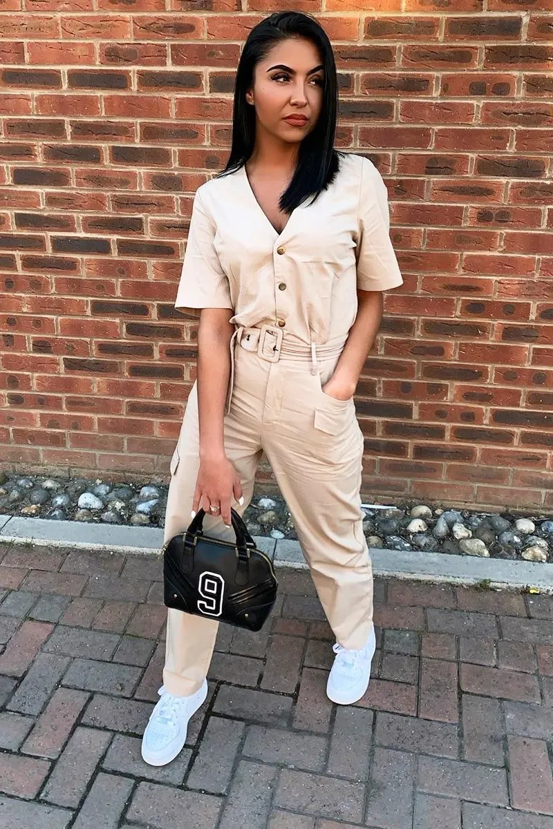Nude Woven Button Front Belted Jumpsuit - Suzanna
