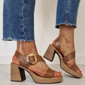 Oh My Sandals Block Heel Leather Platform Sandals - Tan