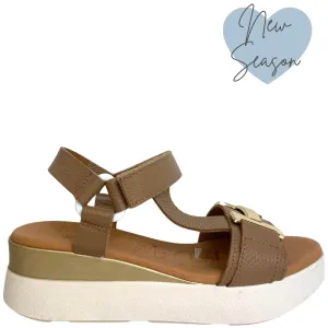 Oh My Sandals Taupe Leather Velcro Strap Elevated Sole Sandals
