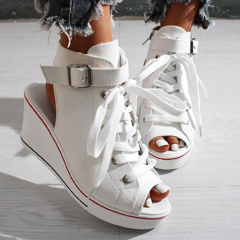 Open-toe Openwork Canvas Wedge Sandals