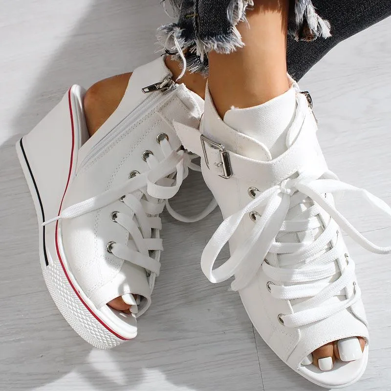 Open-toe Openwork Canvas Wedge Sandals