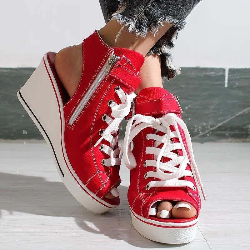 Open-toe Openwork Canvas Wedge Sandals