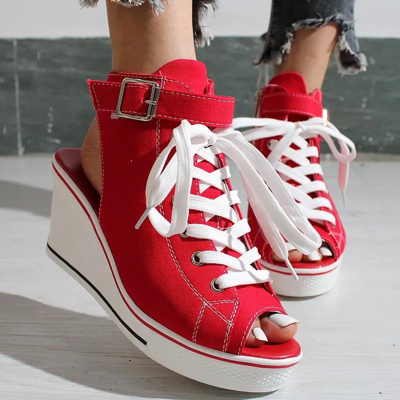 Open-toe Openwork Canvas Wedge Sandals
