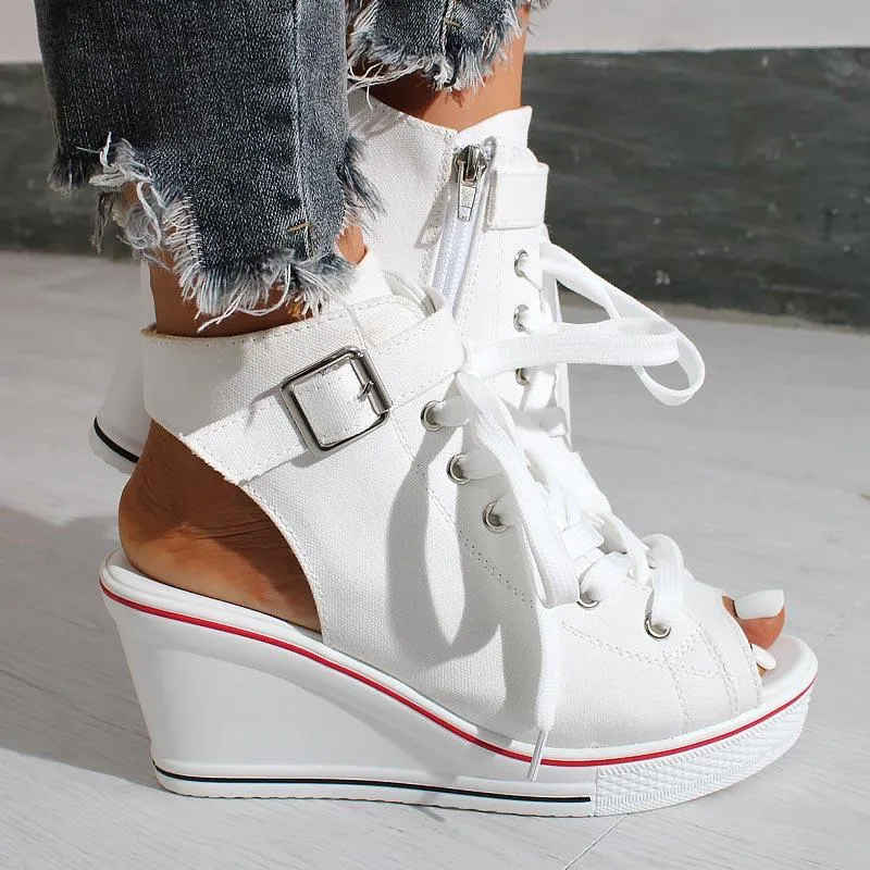 Open-toe Openwork Canvas Wedge Sandals