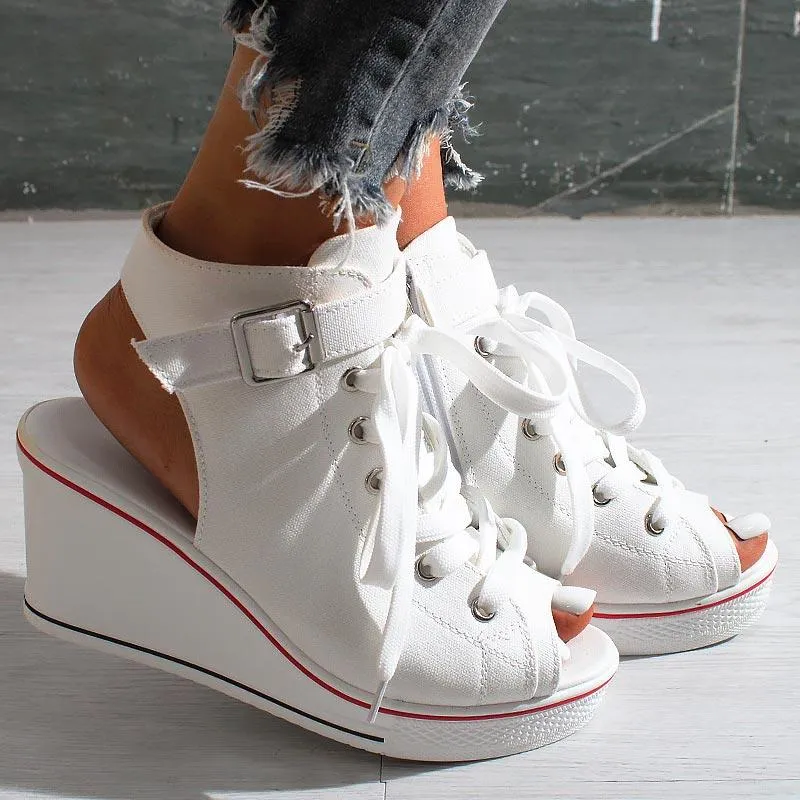 Open-toe Openwork Canvas Wedge Sandals