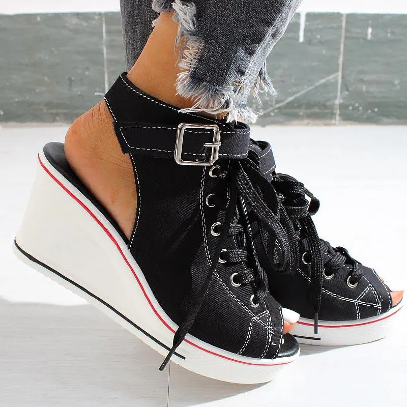 Open-toe Openwork Canvas Wedge Sandals