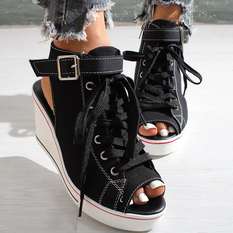 Open-toe Openwork Canvas Wedge Sandals