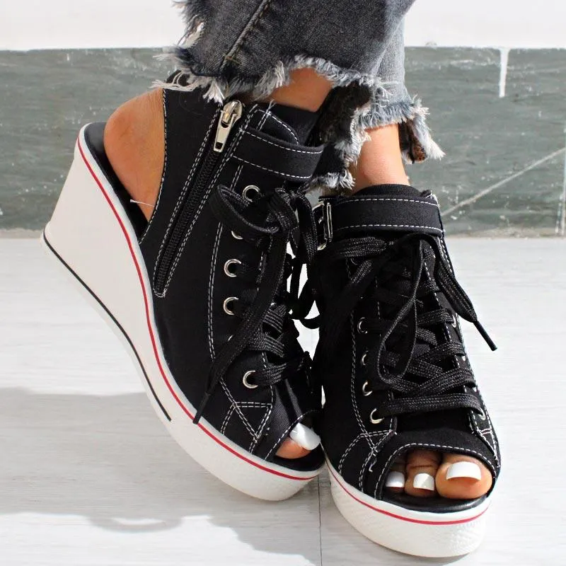 Open-toe Openwork Canvas Wedge Sandals