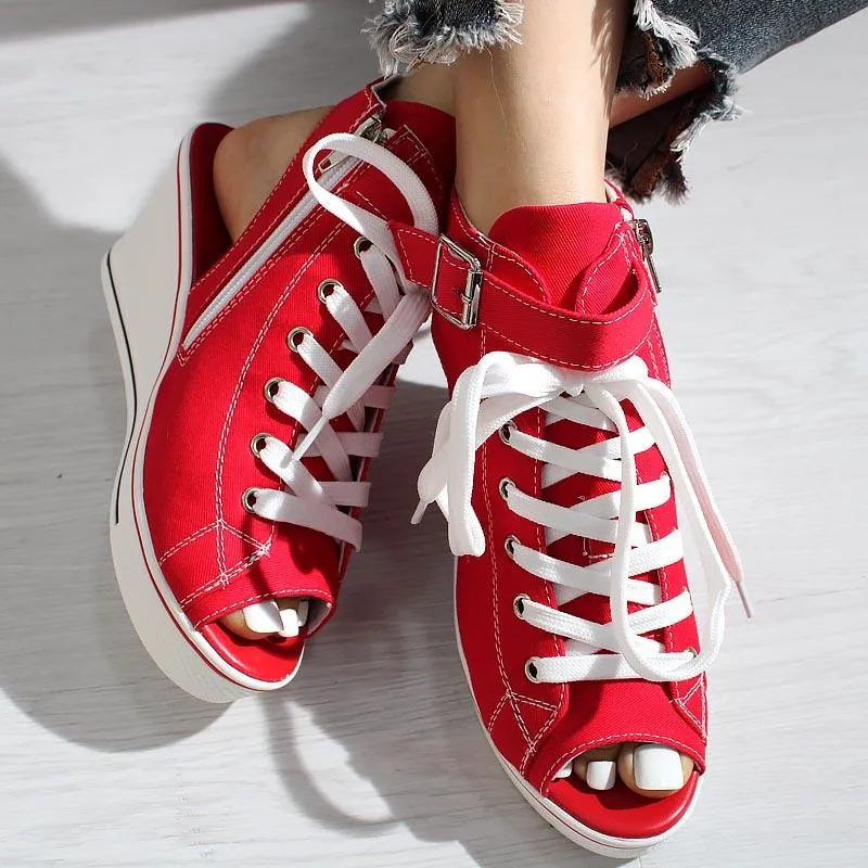 Open-toe Openwork Canvas Wedge Sandals