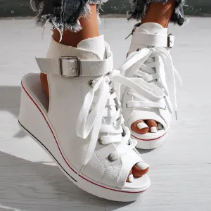 Open-toe Openwork Canvas Wedge Sandals