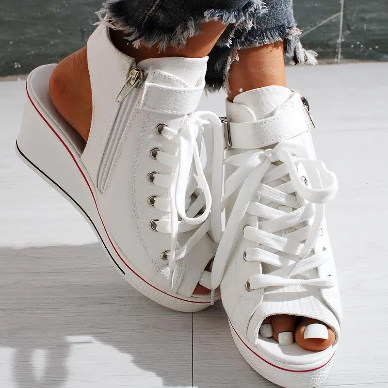 Open-toe Openwork Canvas Wedge Sandals