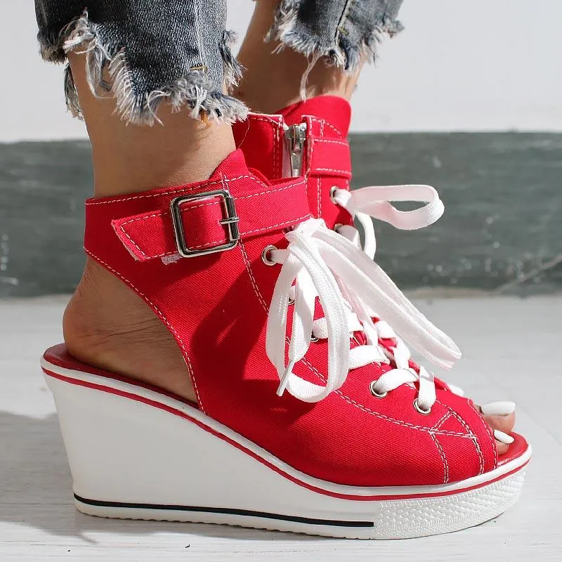 Open-toe Openwork Canvas Wedge Sandals