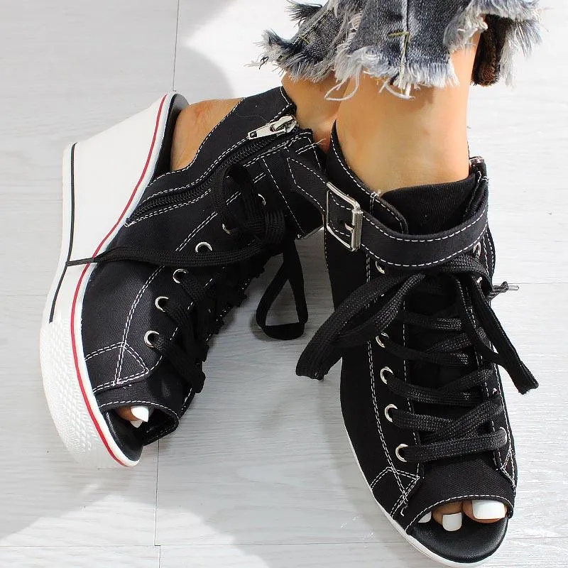 Open-toe Openwork Canvas Wedge Sandals