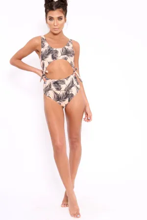 Peach Palm Tree Print Cut Out Middle Swimsuit - Damyia