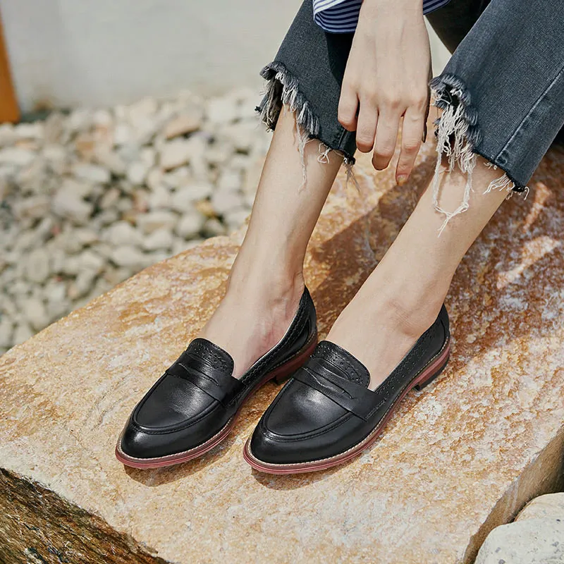 Penny Loafers Women Sheepskin Moccasin Genuine Leather Slip On Pointed Toe Flats Plus Size Shoes Handmade