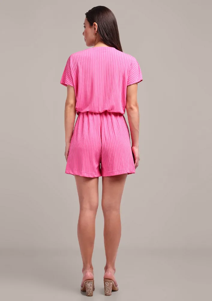 Pink V-neck Kimono Sleeves Romper