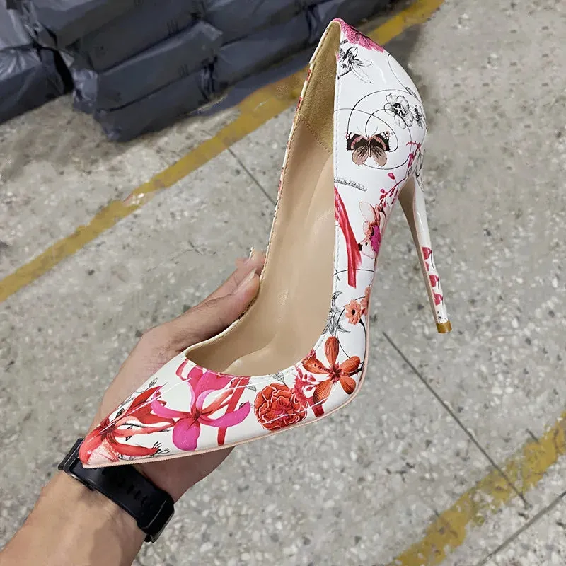 pointed red and white 12mm Thin heel high heels,