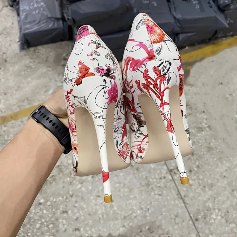 pointed red and white 12mm Thin heel high heels,