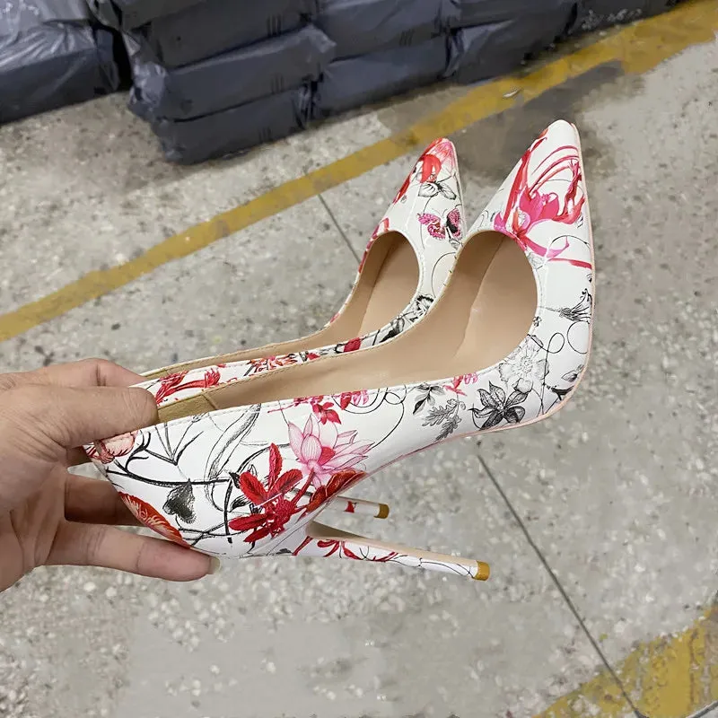 pointed red and white 12mm Thin heel high heels,