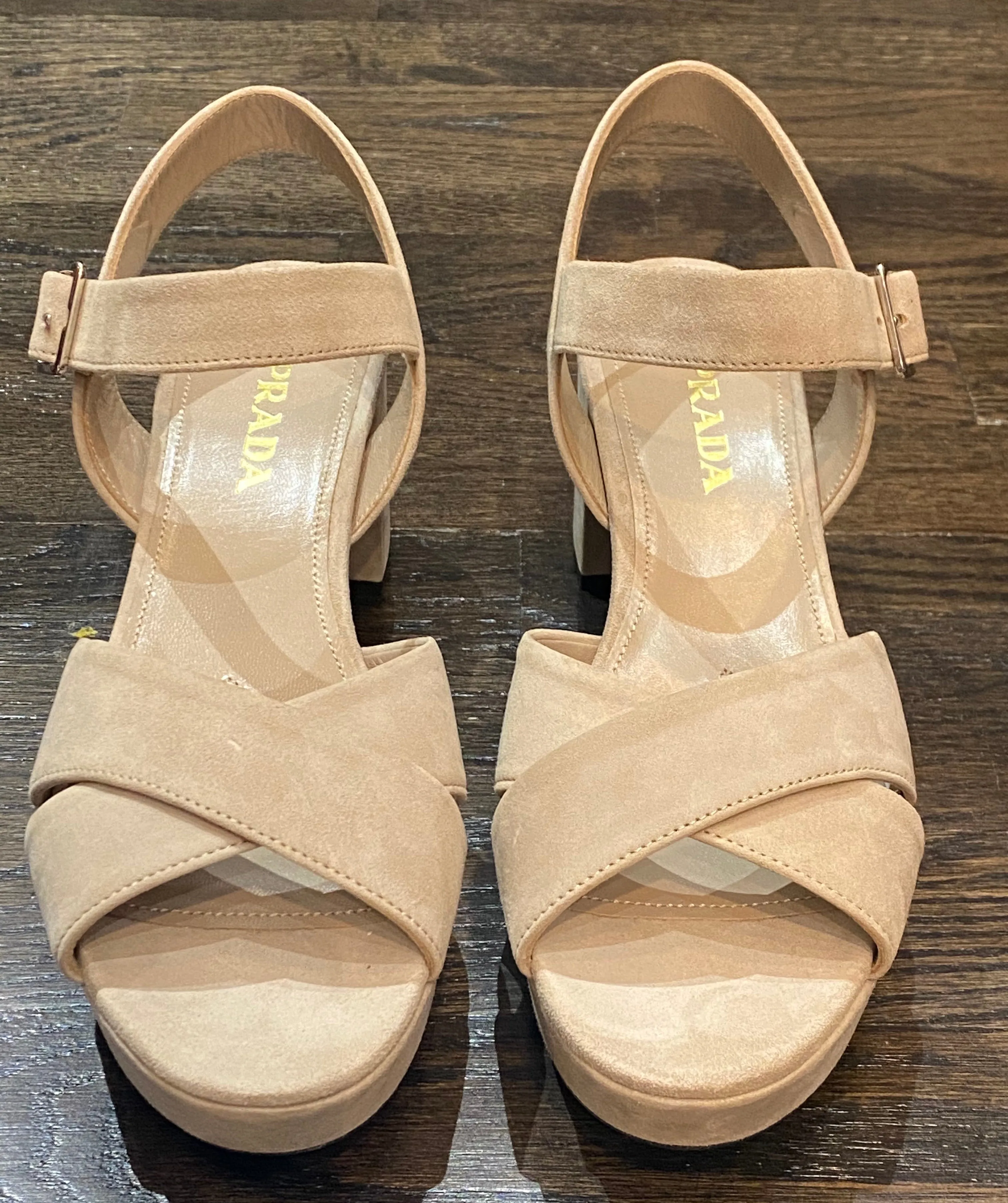Prada Taupe Suede Platform Criss Cross Sandals