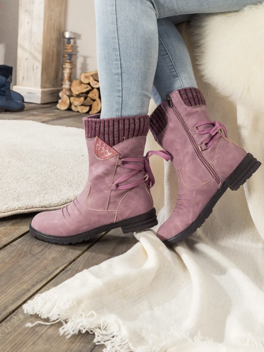 Purple Ruched Back Tie-Accent Combat Boot