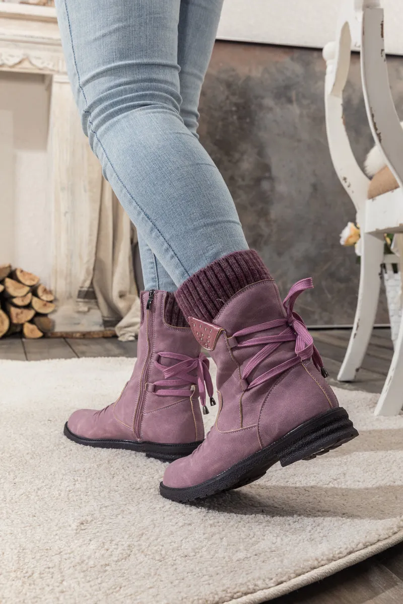 Purple Ruched Back Tie-Accent Combat Boot