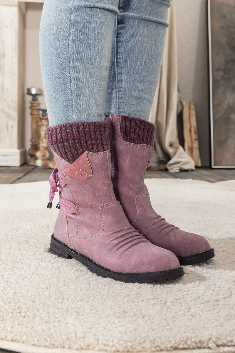 Purple Ruched Back Tie-Accent Combat Boot