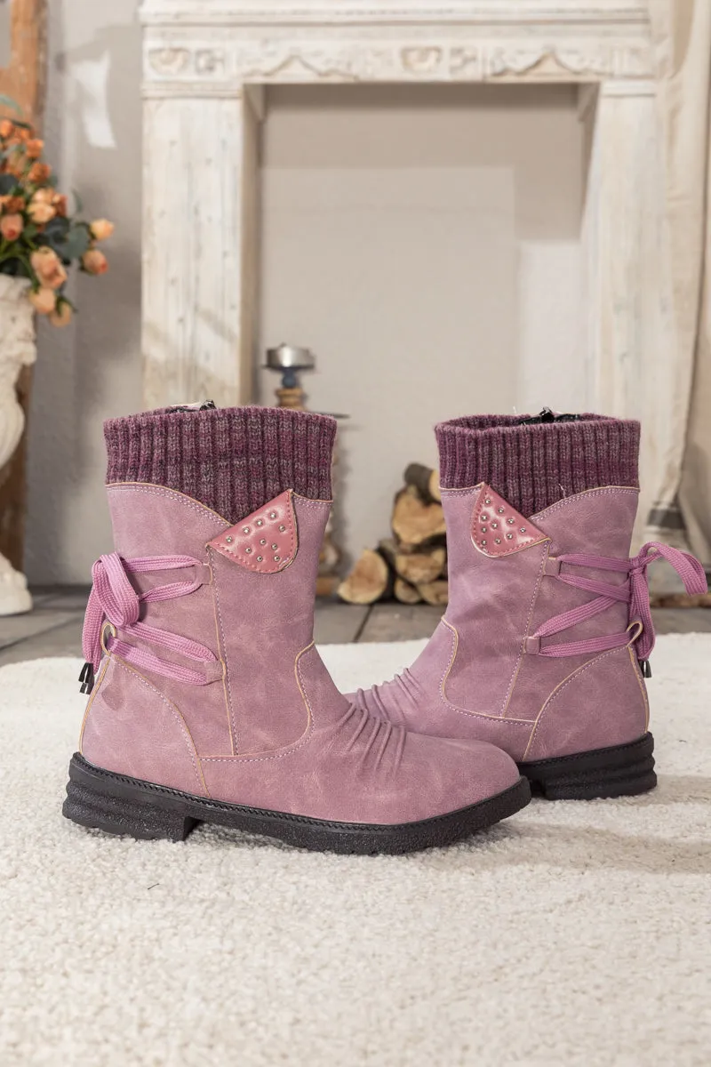 Purple Ruched Back Tie-Accent Combat Boot