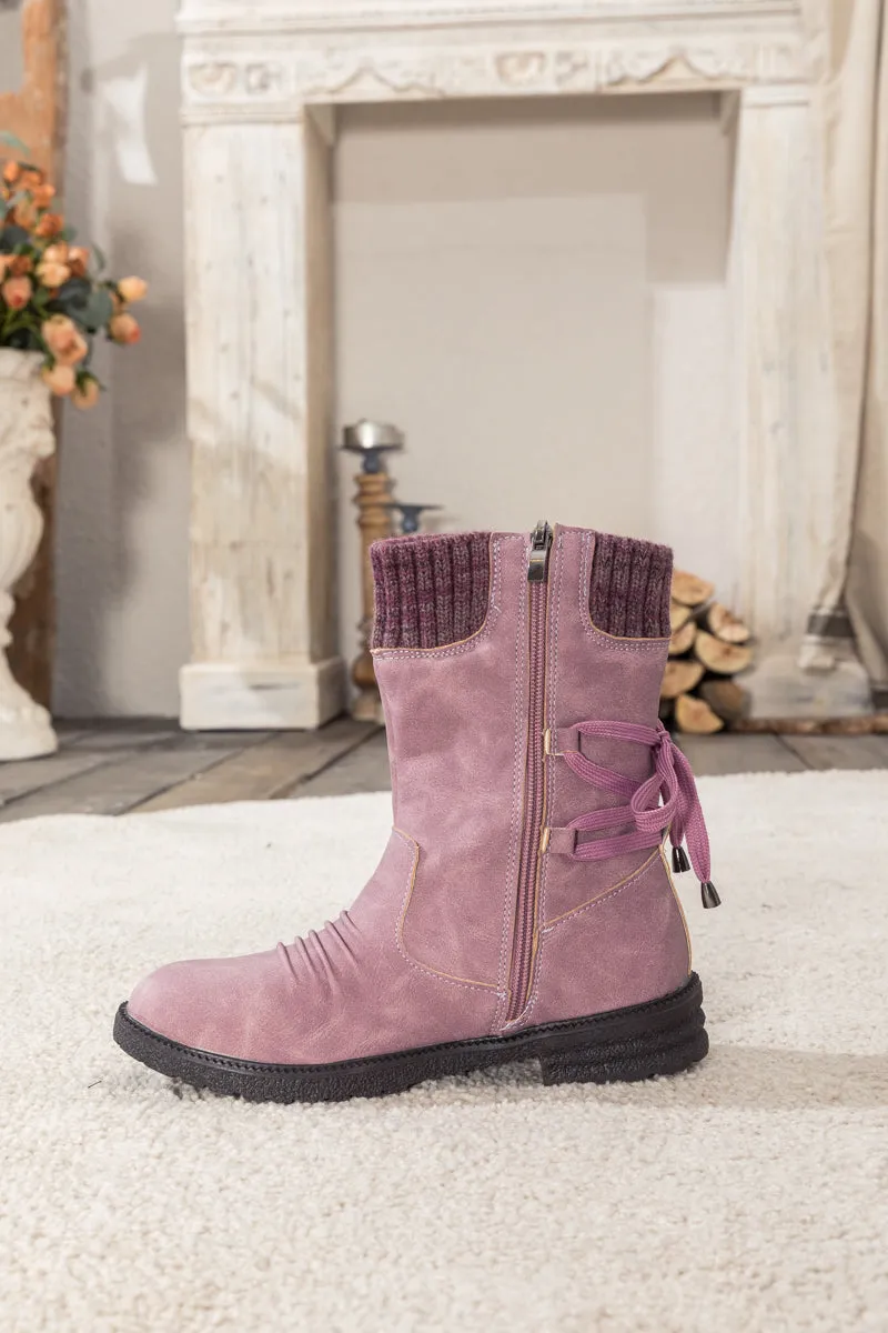 Purple Ruched Back Tie-Accent Combat Boot