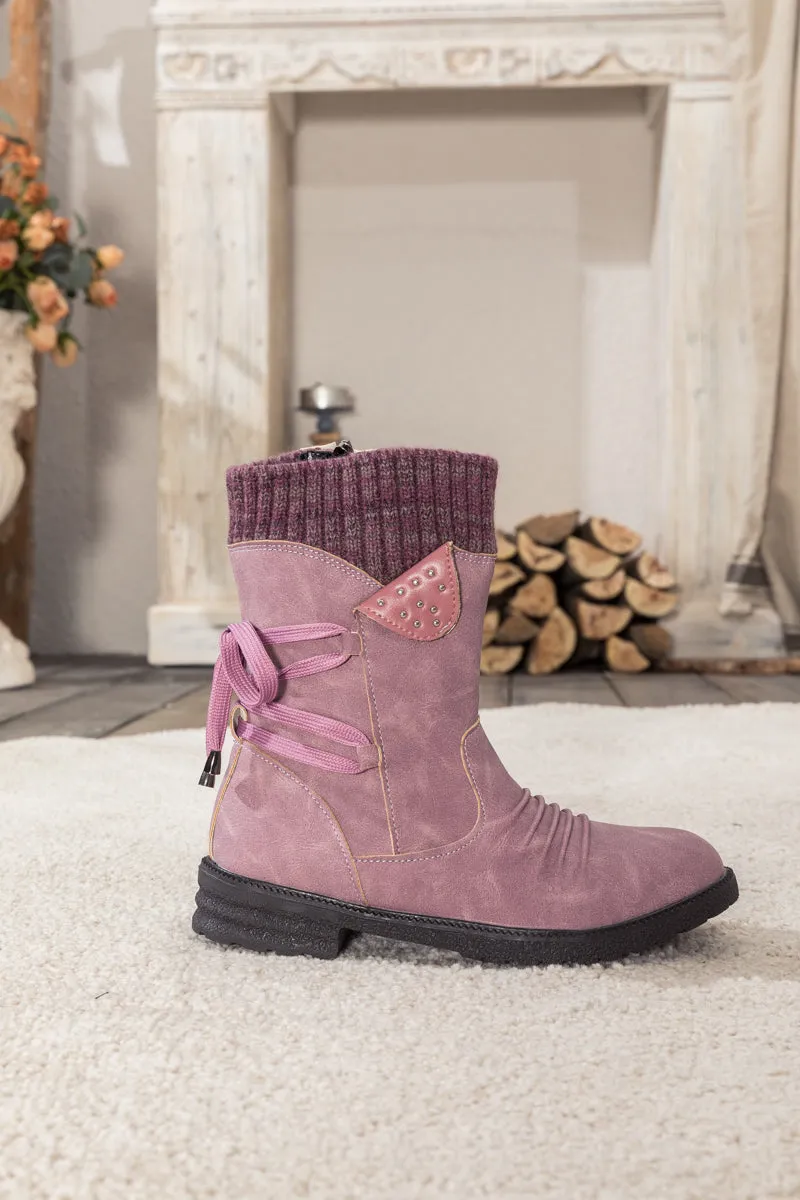 Purple Ruched Back Tie-Accent Combat Boot
