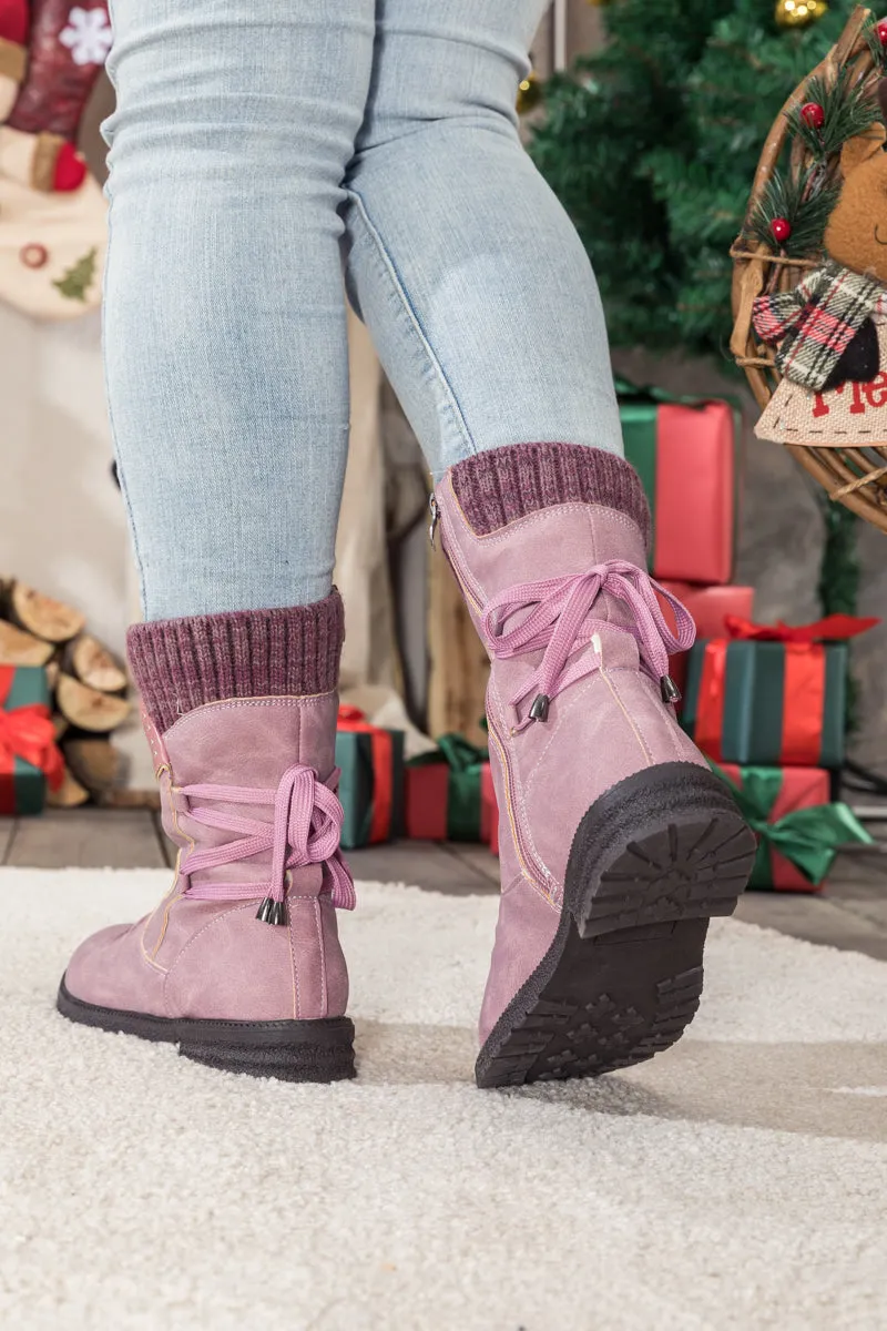 Purple Ruched Back Tie-Accent Combat Boot