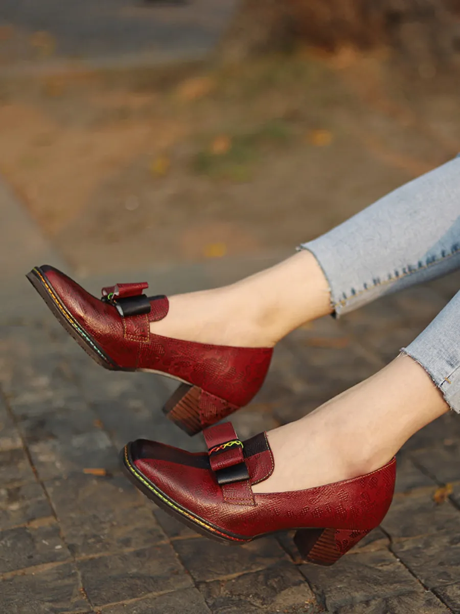 Rainbow Stitch Bow Floral Embossed Leather Pump