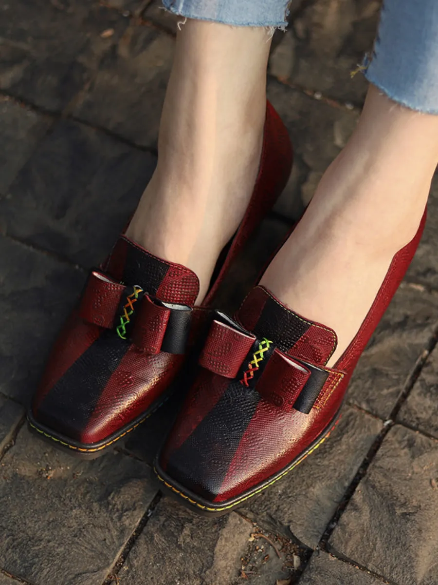 Rainbow Stitch Bow Floral Embossed Leather Pump