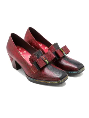 Rainbow Stitch Bow Floral Embossed Leather Pump