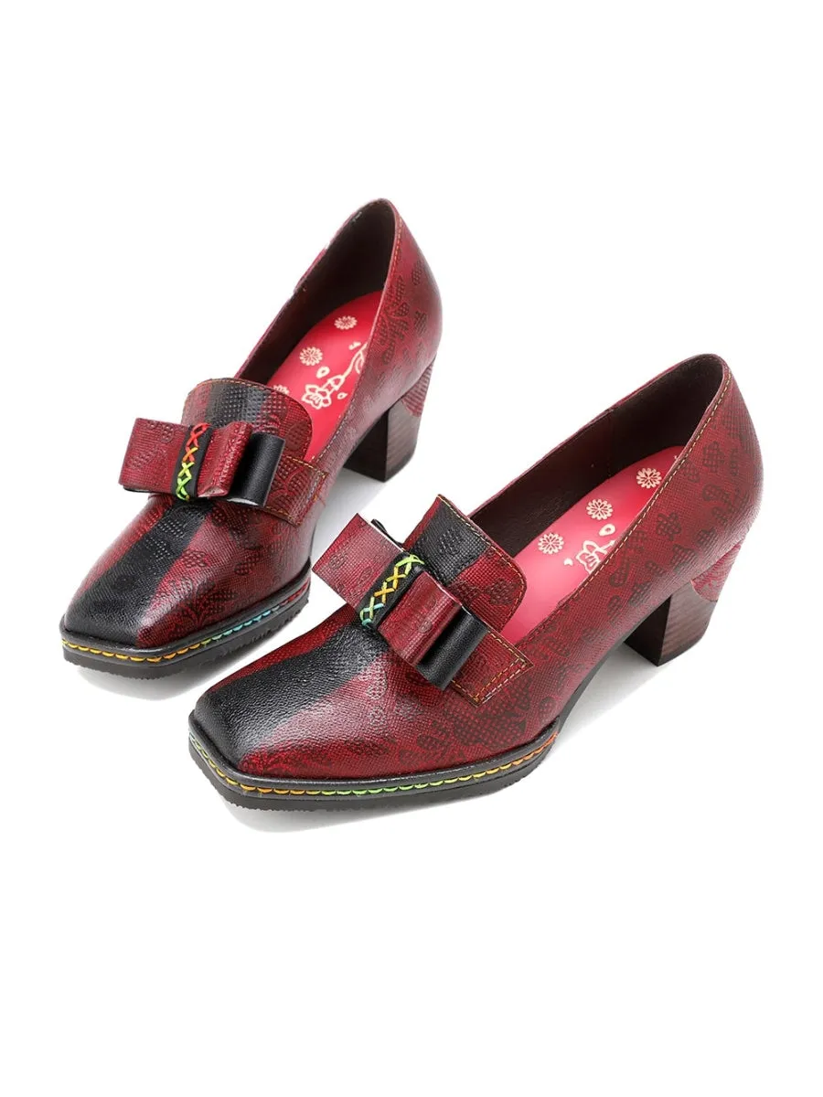 Rainbow Stitch Bow Floral Embossed Leather Pump