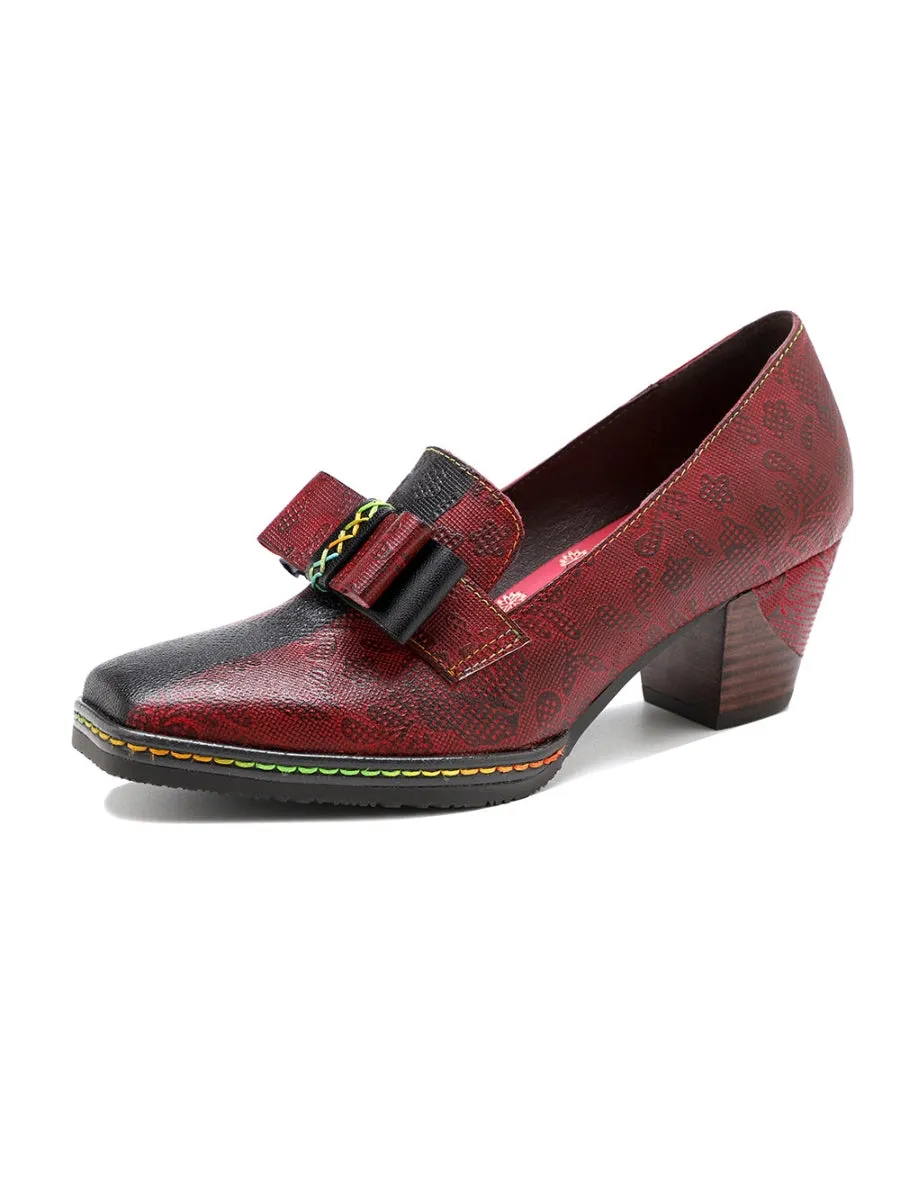 Rainbow Stitch Bow Floral Embossed Leather Pump