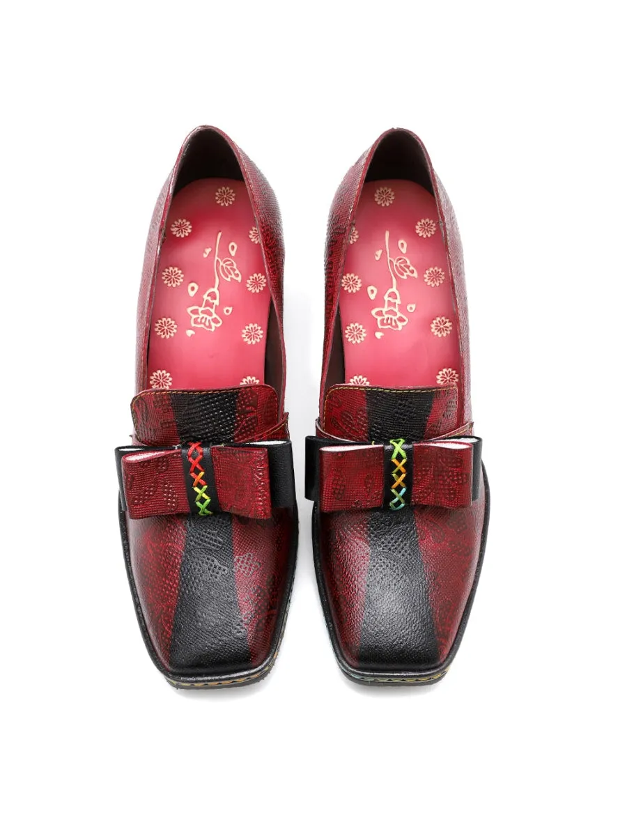 Rainbow Stitch Bow Floral Embossed Leather Pump