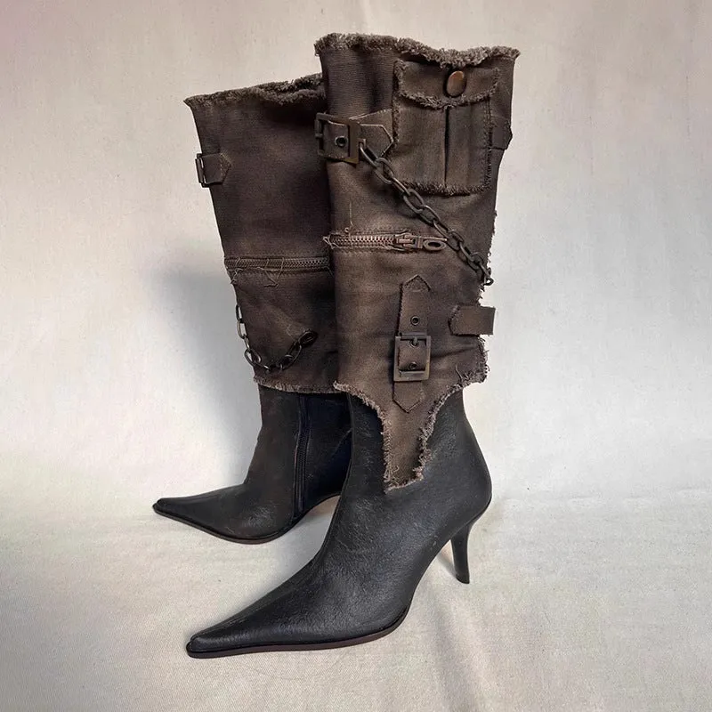 Retro Pointed Belt Buckle Western Boots